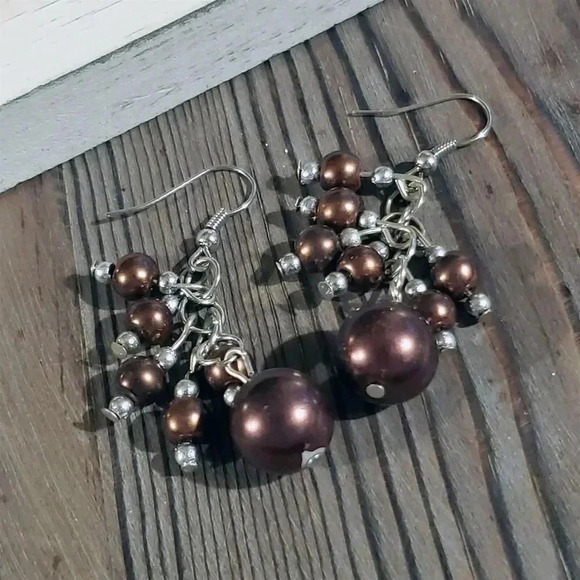 Hand Crafted Purple Bronze Glass Pearl Beads Cluster Dangle Earrings - Picture 4 of 7